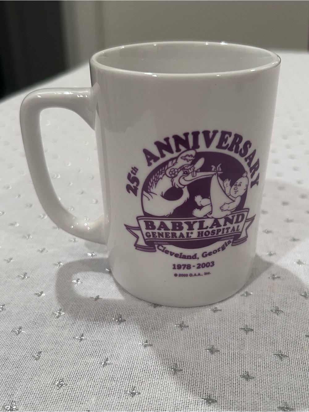 Babyland General Hospital 25th Anniversary White Ceramic Mug with Purple Logo